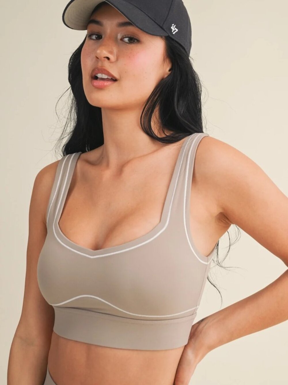 Beige Contrast Aligned Sports Yoga Barre Gym Bra Top